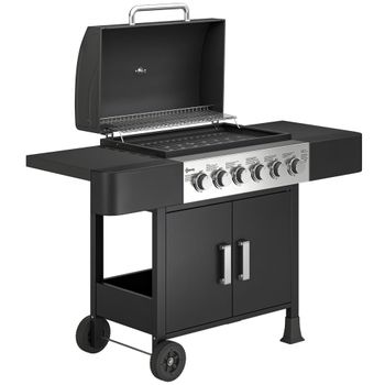 Outsunny Barbacoa de Gas con 6 Quemadores Termómetro Parrilla Mesas Laterales Armario y Ruedas 135x51x101 cm Negro