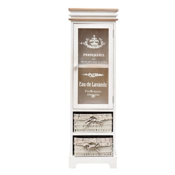 Vitrina de 2 cajones y 1 puerta de madera y mimbre blanca