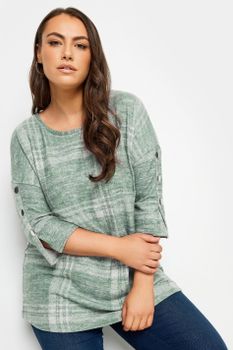 Yours Top Suave De Cuadros Verdes Con Botones De Adorno, Mujer Curvy Y Tallas Grandes, Yours