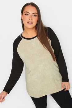 Yours Camiseta Negra Y Beige De Manga Larga Raglan, Mujer Curvy Y Tallas Grandes, Yours