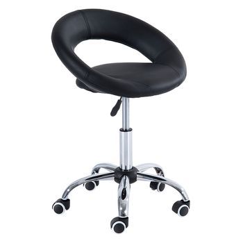 Taburete Con Ruedas Giratorio, Altura Ajustable, Respaldo Ergonómico, Metal Y Cuero Sintético, Negro