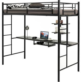 Costway Cama Alta Con Escritorio, Cama Alta Individual, Estructura De Hierro (negro, 200 X 95 X 181 Cm)