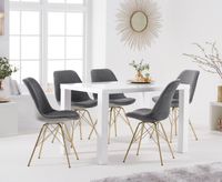 atlanta 120cm white high gloss table with celine gold legs velvet chairs - blue 4 chairs