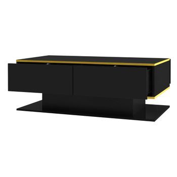 Mesa De Centro Led Negra Brillante De 100x50x40 Cm, Tres Cajones Y Detalles Dorados