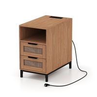 costway mesita de noche ratan con estacion de carga y 2 cajones estilo boho con almacenamiento abierto natural y negro