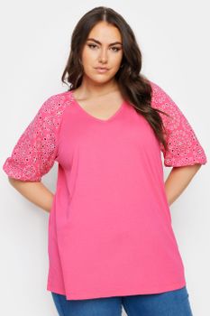 Yours Camiseta Algodón Rosa Con Manga Raglan Bordada, Mujer Curvy Y Tallas Grandes, Yours