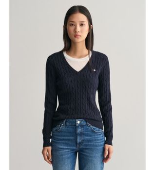Gant para mujer. 4800101 Jersey de punto de ochos con cuello de pico en algodón elástico marino (M), Casual, Manga larga