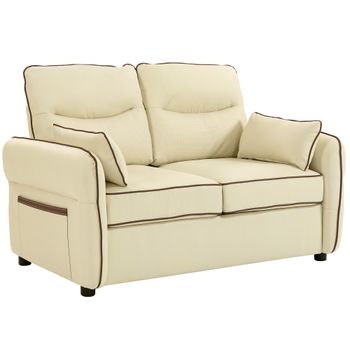 HOMCOM Sofá 2 Plazas en Piel Sintética con Acolchado Grueso, Bolsillo Lateral y 2 Cojines, 136x81x90 cm, Beige   Aosom España