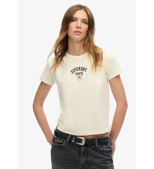 Superdry para mujer. W1011332A Camiseta Tattoo Rhinestone blanco roto (XL), Casual, Algodón, Manga corta