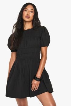 Vestido Mini Fruncido De Algodón Popelina, Negro