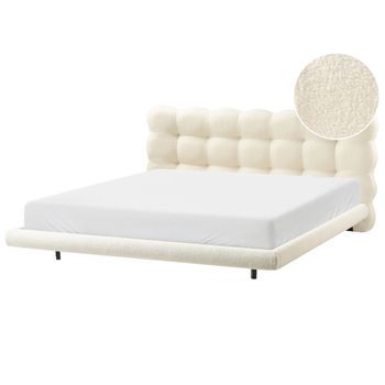 Cama De Bouclé Con Cabecero Con Capitoné 180 X 200 Cm Somier De Láminas Patas De Metal Blanco Crema Soulisse