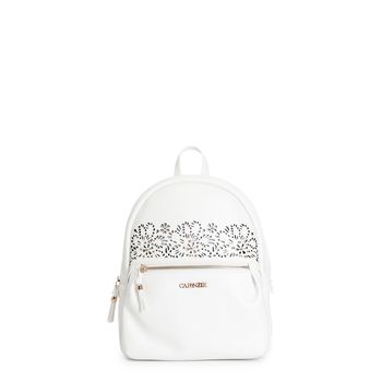 mochila con flores cortadas a láser, bolsillo con cremallera y detalles decorativos white