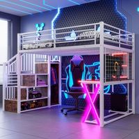 cama doble mezzanine con iluminacion led escalera de almacenamiento escritorio armario y estanterias 140x200 cm blanco