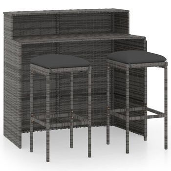 Conjunto Muebles De Bar Para Jardín 3 Uds | Mesa Y Sillas Y Cojines Gris