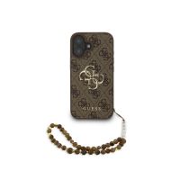 guess funda para iphone 16 plus  carcasa de polipiel marron con logo 4g clasico y correa de perlas diseno elegante y ajuste preciso