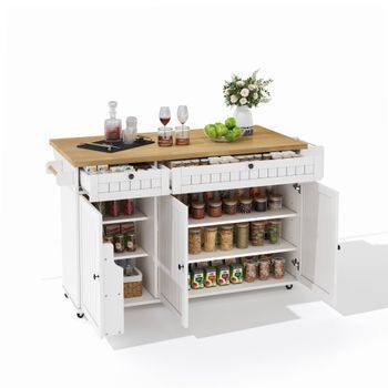 Isla De Cocina Con Encimera Plegable, Carrito De Cocina Blanco Con Ruedas, 2 Cajones Y Armario, Mdf, 137x70x89.5 Cm, Blanco