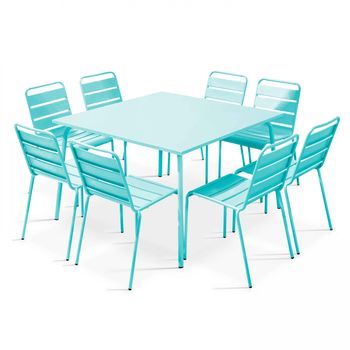 Mesa De Jardín Y 8 Sillas De Metal Turquesa, Palavas - Oviala