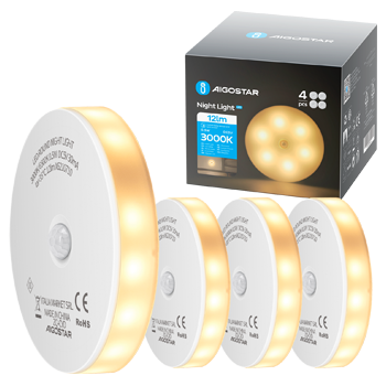 Aigostar 4 Piezas 3000K Luz Nocturna Magnética LED con Sensor de Movimiento, Luz Armario Adhesiva USB Recargable, 0.5W Luz Noche para Habitación, Pasillo, Cocina, Escaleras