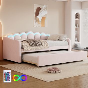 Cama Nido 90 X 200 Cm + Cama 90 X 190 Cm, Sofá Cama - Terciopelo - Led - Color Rosa (sin Colchón)