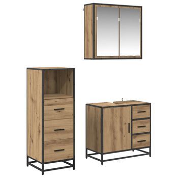 Juego De Muebles De Baño | Armario De Baño Con Cajón 3 Piezas Roble Artesanal