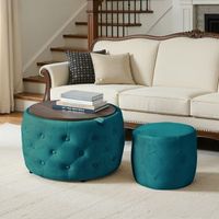 set de 2 taburetes nido - mueble de almacenaje - terciopelo y madera - azul 58x58x38cm