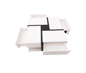 Mesa de centro cuadrada de alto brillo de panel de partículas con 4 cajones,blanco+negro