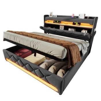 Cama Tapizada 160x200 Con Almacenaje Hidráulico, Cabecero Con Puertos Usb Y Tipo C, Lino Gris