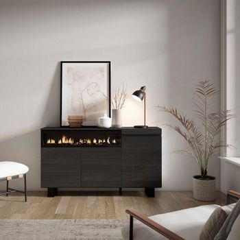 Aparador efecto madera negro 150x35x87cm chimenea efecto fuego