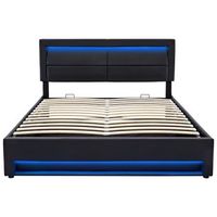 cama contenedor de piel sintetica de 140x200cm con led con puertos de carga con cable e inalambrico negro