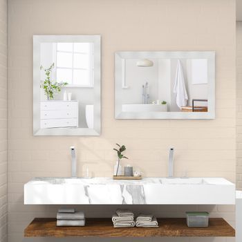 Espejo De Pared 106 X 71,5 Cm Estilo Rústico Con Marco De Madera Caucho Maciza Vertical Y Horizontal Para Baño Dormitorio Entrada Blanco