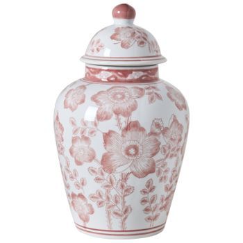 Jarrón Con Tapa Para Flores Florero Accesorio Decorativo De Porcelana Blanco Y Rojo Moguer