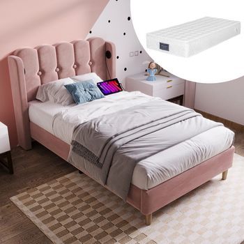 Cama Individual Acolchada 90x200 Cm Terciopelo Rosa Con Usb-c, Somier De Lamas Y Colchón, Ideal Para Habitación De Invitados.