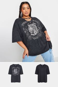 Yours Juego 2 Tops Negros Anilla: Negro Y Tigre, Mujer Curvy Y Tallas Grandes, Yours