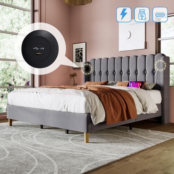 Cama Acolchada 180 X 200 Cm Para Adultos - Usb + Tipo C - Tejido Lino - Gris