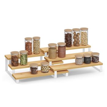 Estante para Especias Especiero Extensible Madera de Ingeniería Apilable, Natural y Blanco