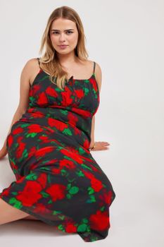 Yours London Vestido De Tirantes Negro De Rosas Rojas, Mujer Curvy Y Tallas Grandes, Yours London