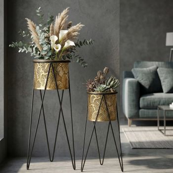 Juego de maceteros de metal dorado 21x20x46-18x18x32 cm