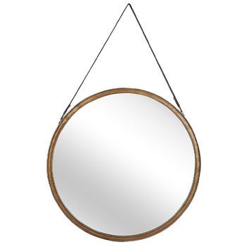 Espejo De Pared Metal Dorado Correa De Cuero Sintético Redondo 60 Cm Pieza Decorativa Para Colgar Acento Moderno Autun