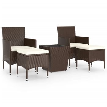Conjunto De Bistró 5 Uds | Mueble Jardin Mesa Y Sillas Ratán Pe Vidrio Templado Marrón