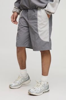 Pantalón Corto Holgado De Nailon Con Cintura Elástica Y Colores En Bloque, Gris
