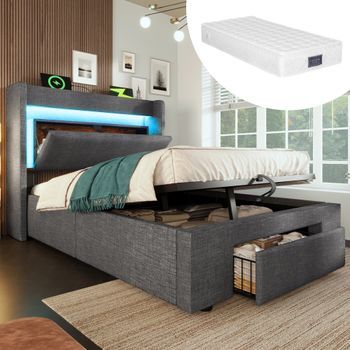 Cama Tapizada 90x200 Cm, Almacenamiento Hidráulico, Cabecero Almacenamiento, Iluminación Led, Puertos Usb/usb-c, Somier Lamas, Gris Lino, Con Colchón