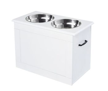 Pawhut comedero perro elevado con 2 cuencos de acero inoxidable 2x2000 ml comedero elevado para perros grandes con tapa abatible y almacenamiento oculto blanco