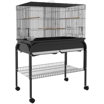PawHut Gran jaula para pájaros jaula para loros con soporte ruedas para cacatúas periquitos canarios loros 85x49x119 cm Negro   Aosom España