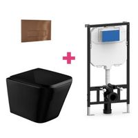 pack inodoro suspendido ceramica pisa negro mate con cisterna y pulsador cobre rectangular