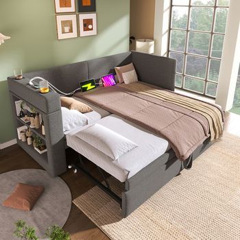 Cama De Descanso Tapizada 90x200 Cm, Sofá Cama Individual Con Cama Nido, Brazos Con Puerto Usb Y Type-c Y Portavasos, Tejido Mezcla De Lino Color Gris (sin Colchón)
