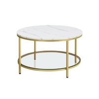 mesa de centro sofa de marmol de imitacion redonda estante de vidrio blanco marmol  dorado metalico  80 x 46 cm