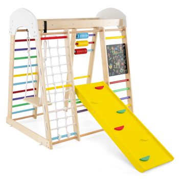 Costway Set Escalada 7 en 1 para Niños Centro Actividad de Madera con Rocas de Escalar y Escalera Red de Escalada y Columpio para Niños 3+ Años