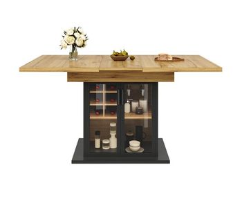 Mesa extensible 110-140x80 cm - mesa de cocina plegable para 4-6 personas con estante para vino y puerta de cristal - negra
