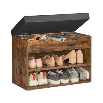 Mueble Zapatero con Asiento Tapizado, Marrón Rústico / 30 x 60 x 44 cm