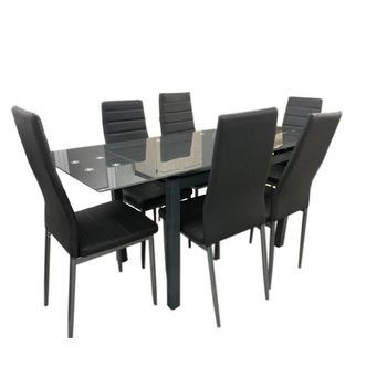 Mesa De Cristal Extensible 170cm + 6 Sillas Polipiel, Gris